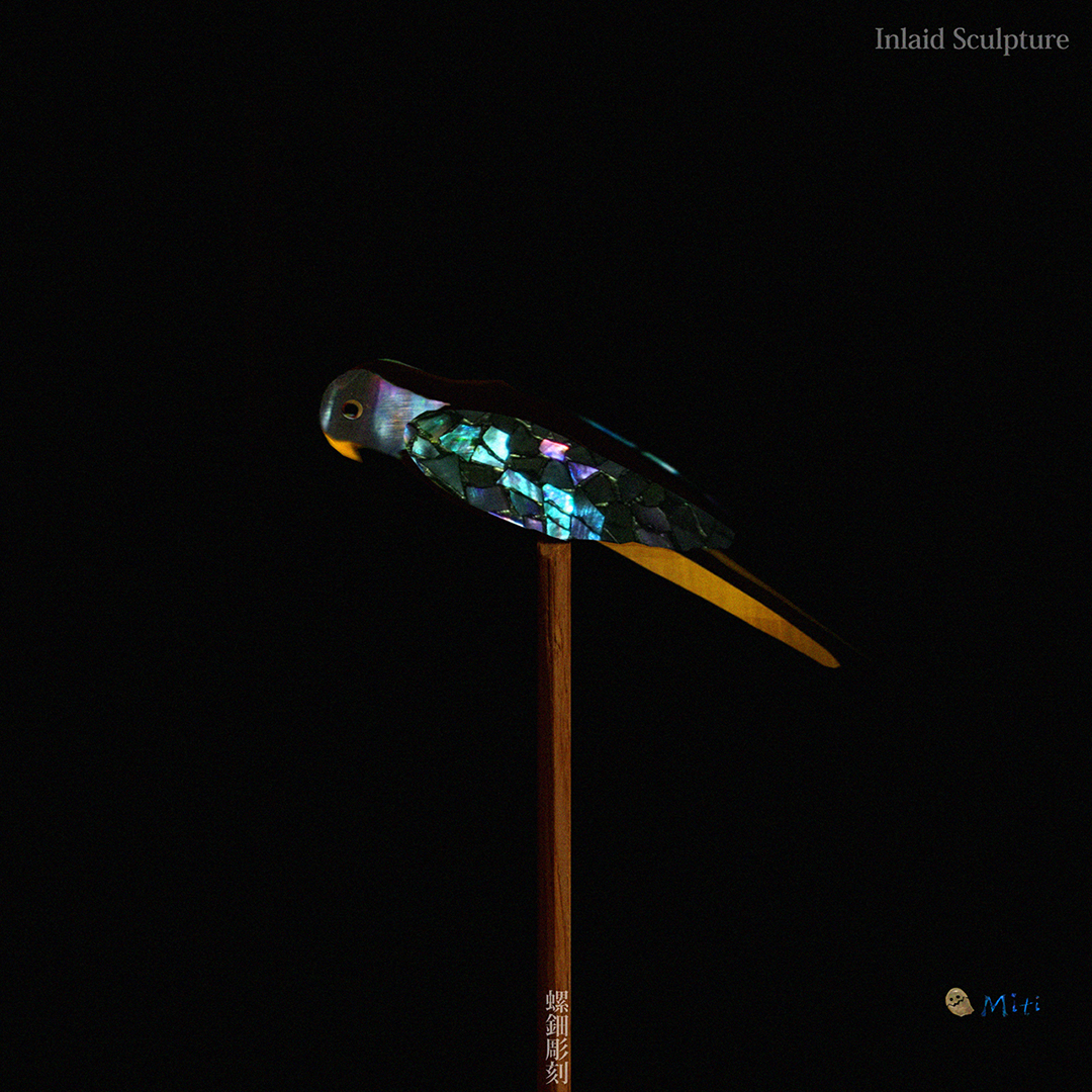 鳥 木工彫刻 inlaid sculpture bird 螺鈿